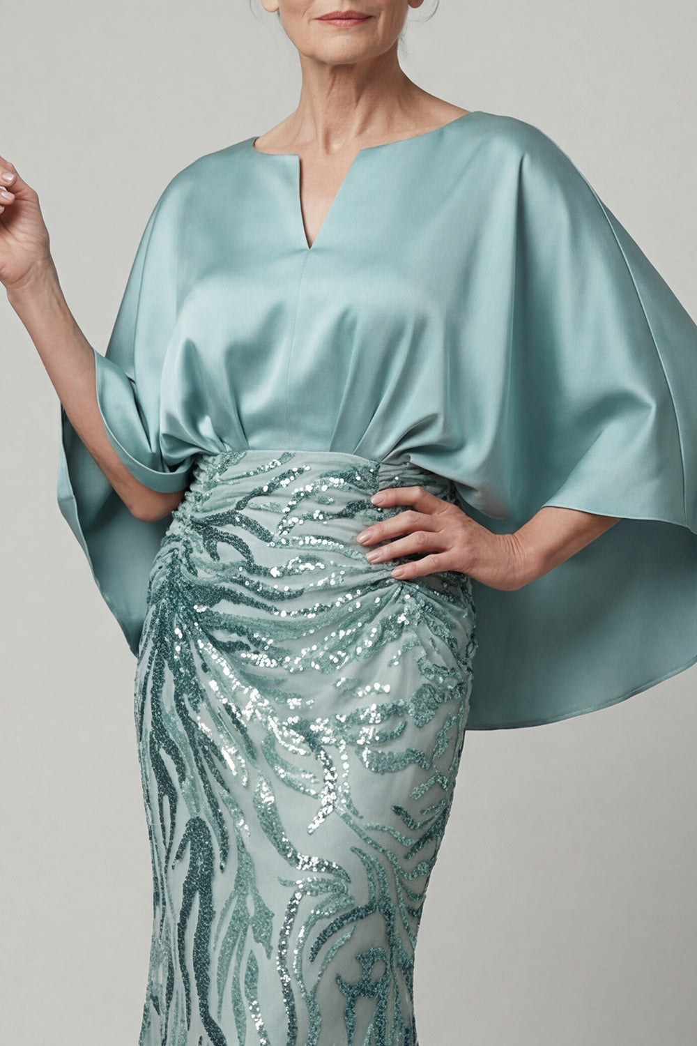 Sparkly Mermaid Blue Sequins Long Evening Dress with Cape