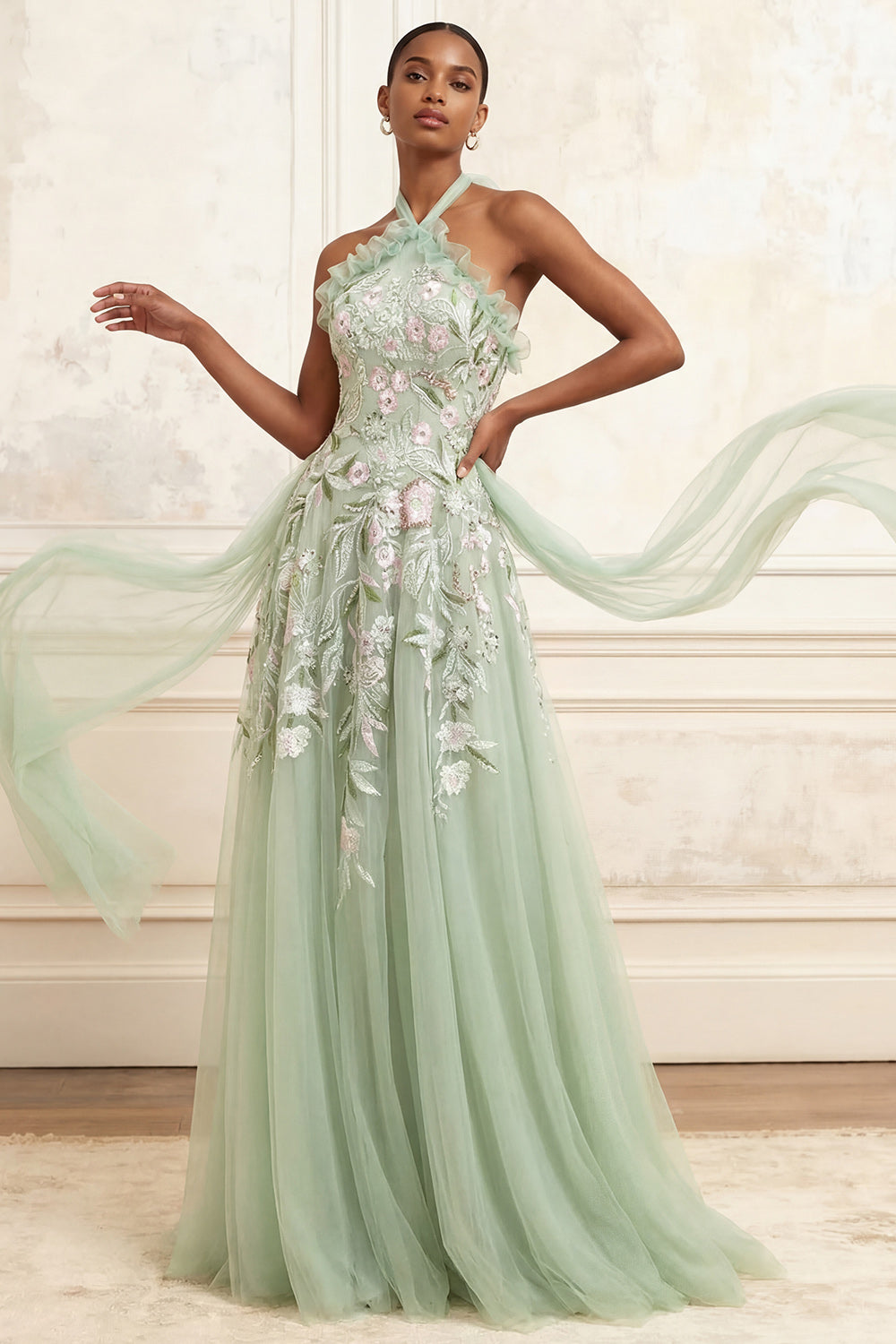 Dusty Sage Halter A Line Floral Long Prom Dress with Cape