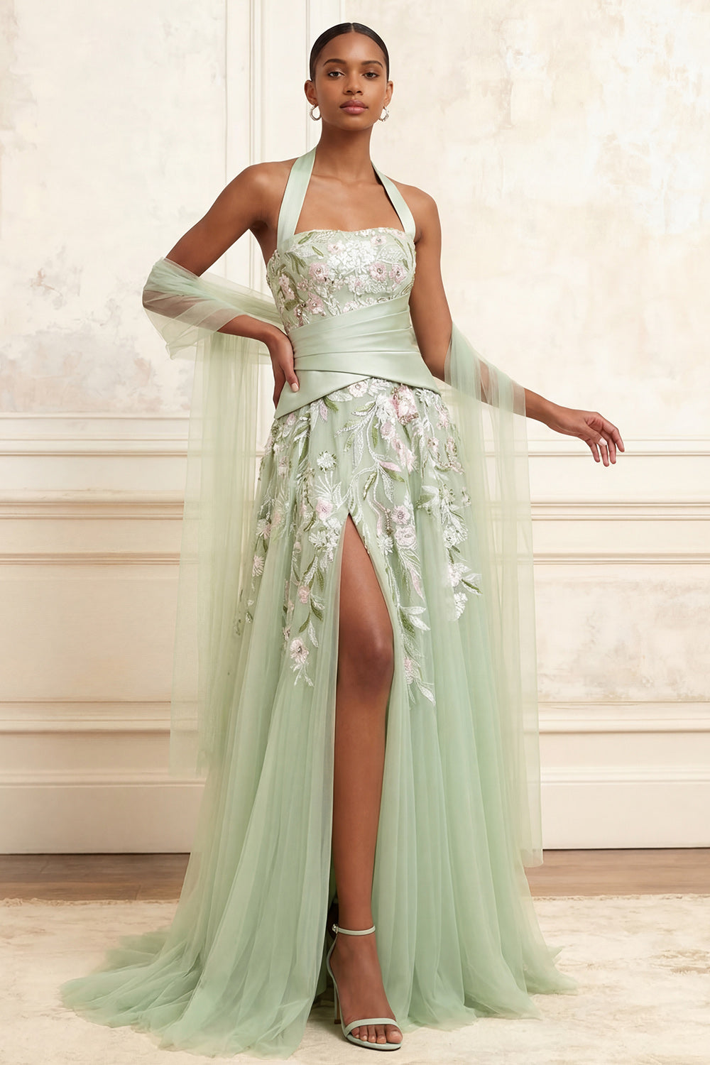 Dusty Sage Halter A Line Ruched Floral Maxi Prom Dress with Shawl