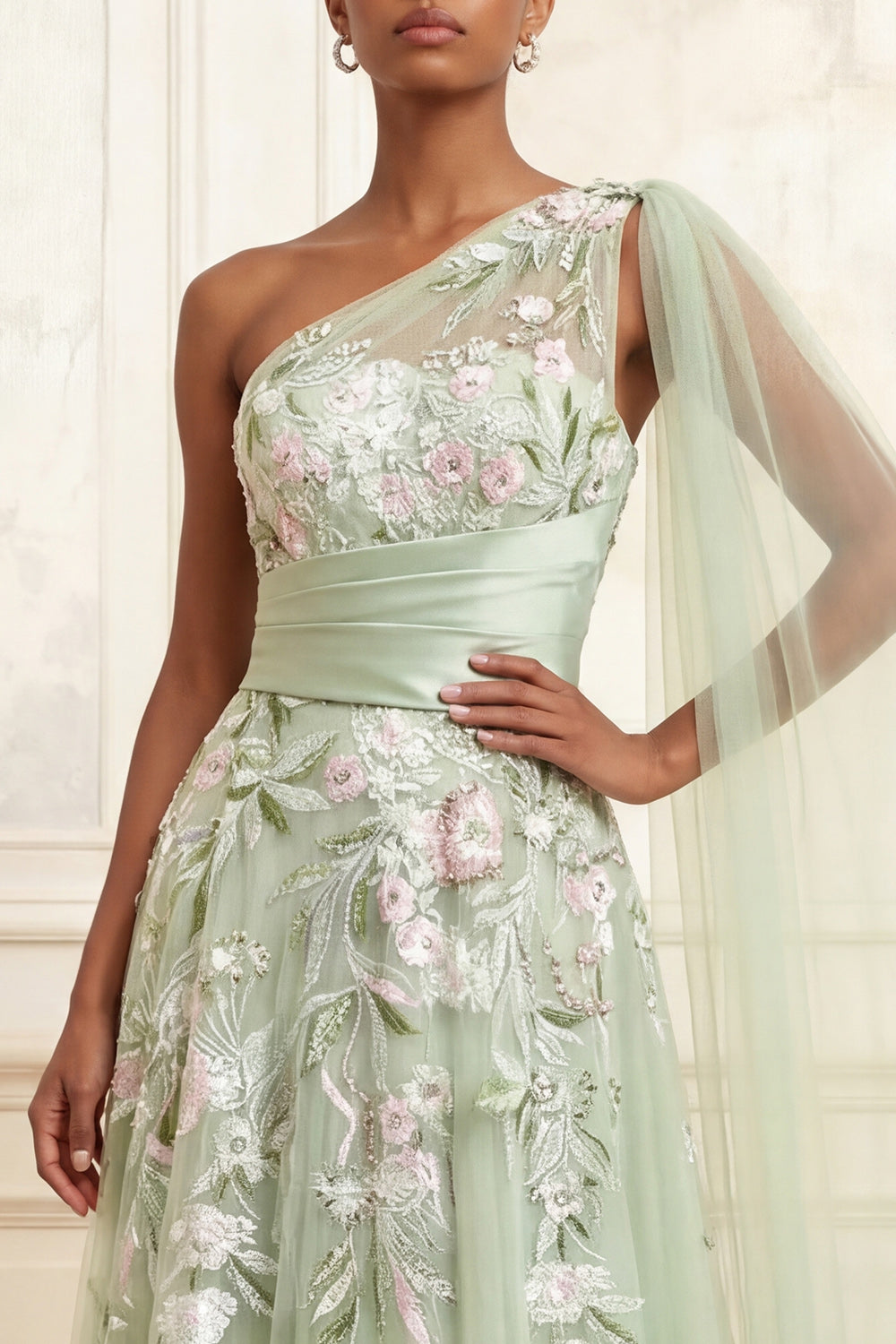 Dusty Sage Floral One Shoulder A Line Long Prom Dress with Side Cape