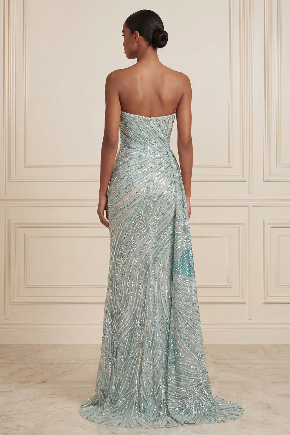 Sparkly Blue Mermaid Sequins Strapless Long Evening Dress with Side Cape