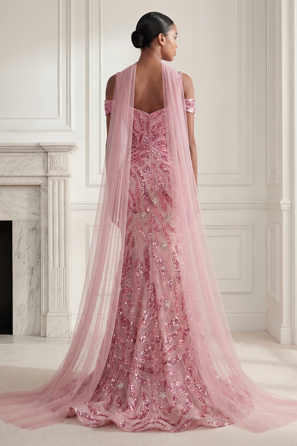 Sparkly Pink Cold ShoulderNeck Scarf Mermaid  Long Evening Dress