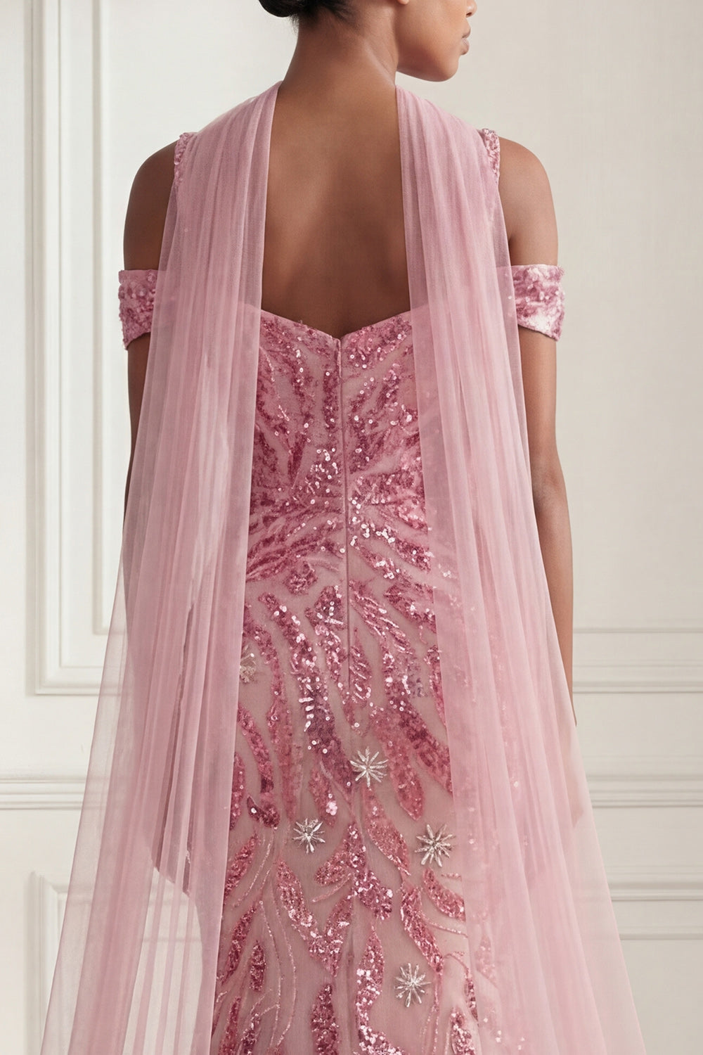 Sparkly Pink Cold ShoulderNeck Scarf Mermaid  Long Evening Dress