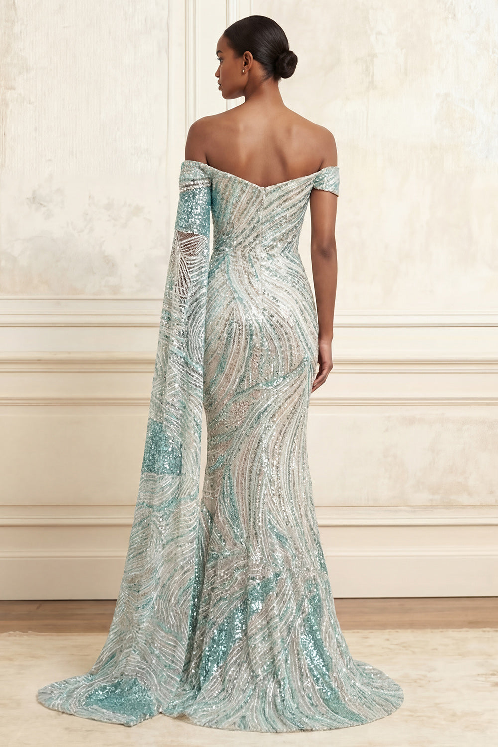 Sparkly Blue Off the Shoulder Mermaid Long Evening Dress with Side Cape
