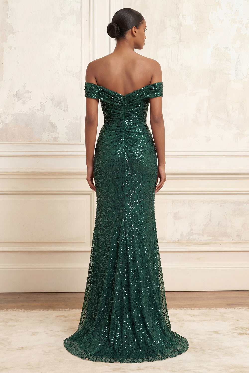 Sparkly Dark Green Mermaid Sequins Ruched Long Evening Dress with Slit