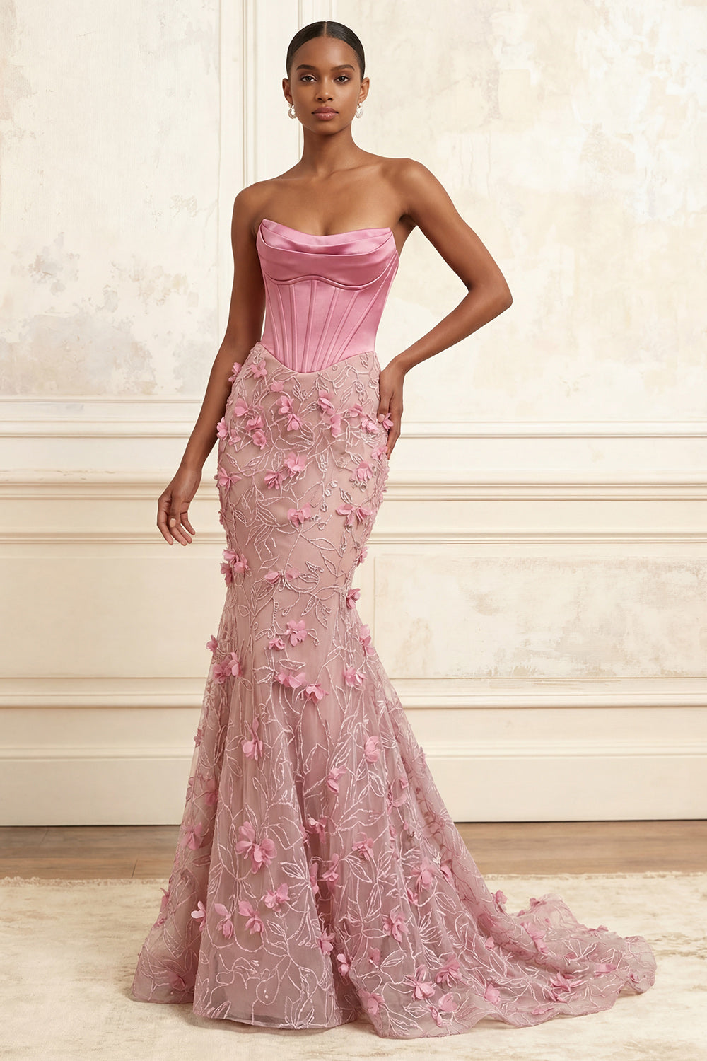 Pink Floral Corset Basque Waist Strapless Mermaid Long Evening Dress