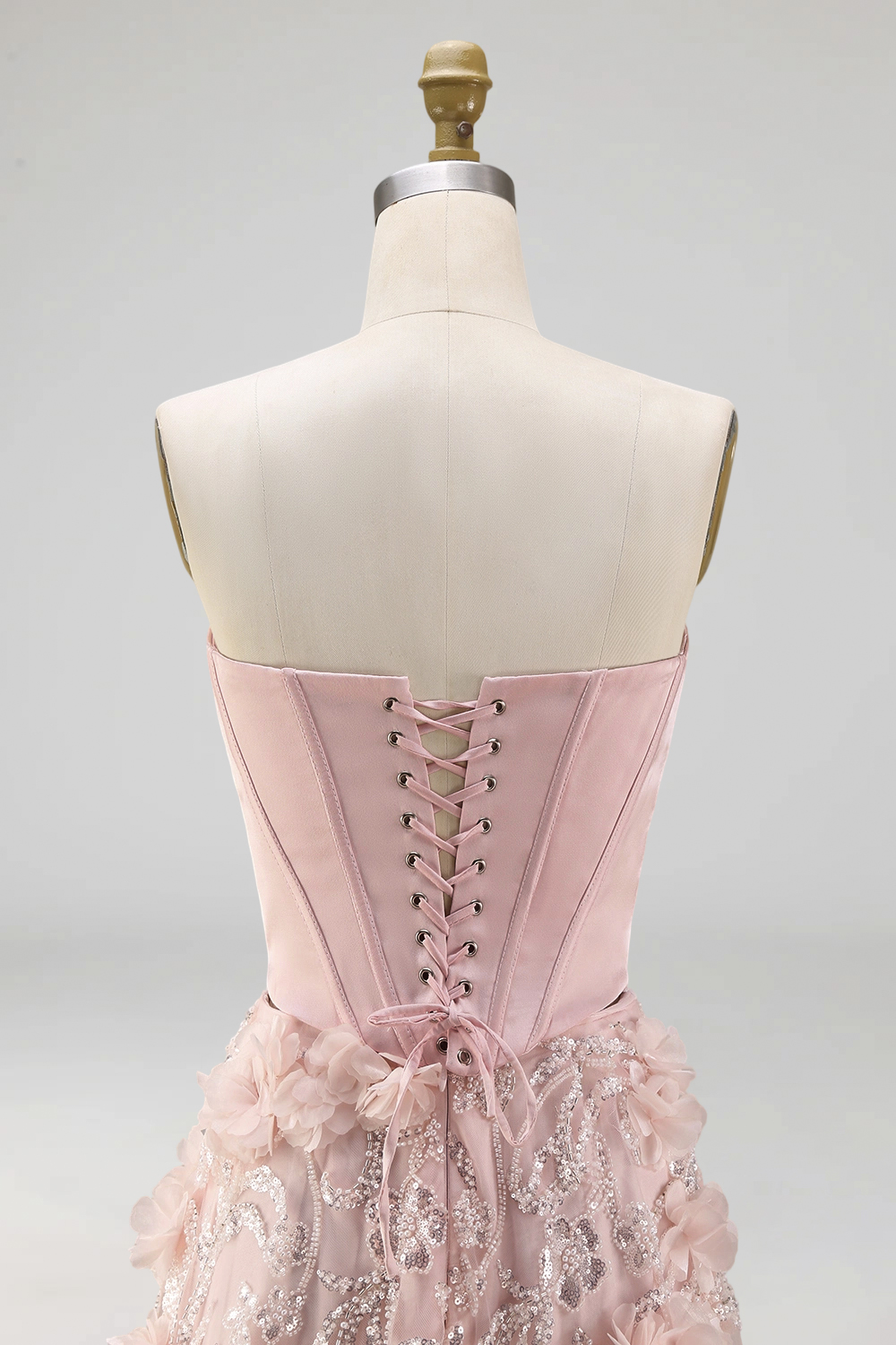 Sparkly Blush Strapless A Line Floral Corset Long Evening Dress with Slit