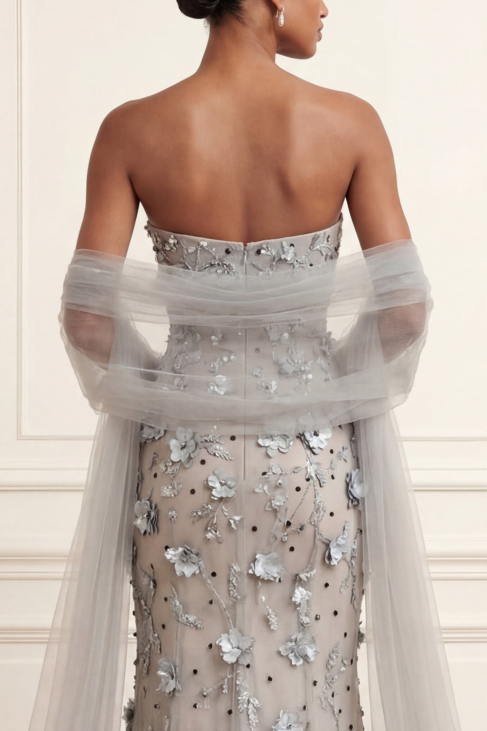 Floral Silver Mermaid Strapless Long Evening Dress with Shawl