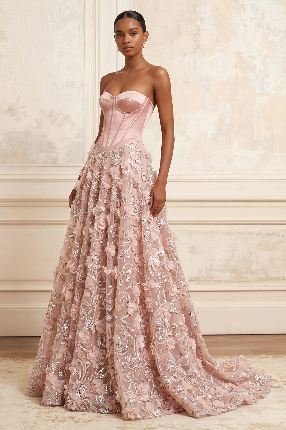 Sparkly Blush Corset Strapless A Line Floral Long Evening Dress