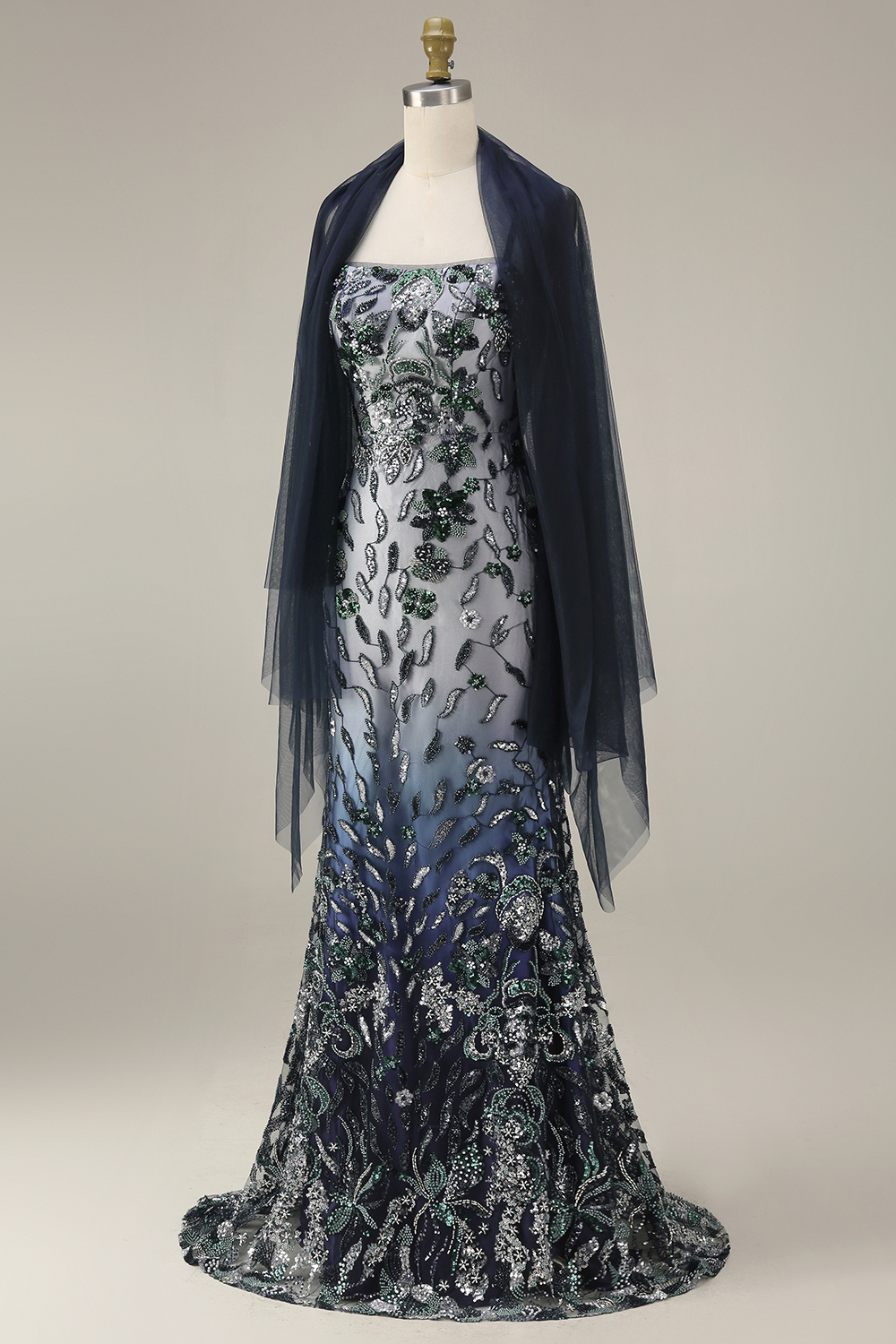 Sparkly Navy Spaghetti Straps Floral Long Evening Dress with Shawl