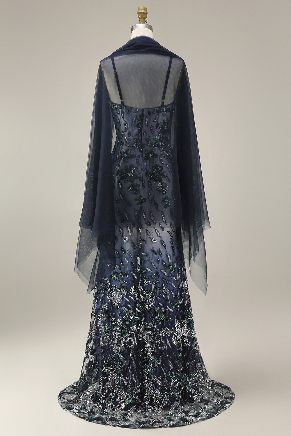 Sparkly Navy Spaghetti Straps Floral Long Evening Dress with Shawl