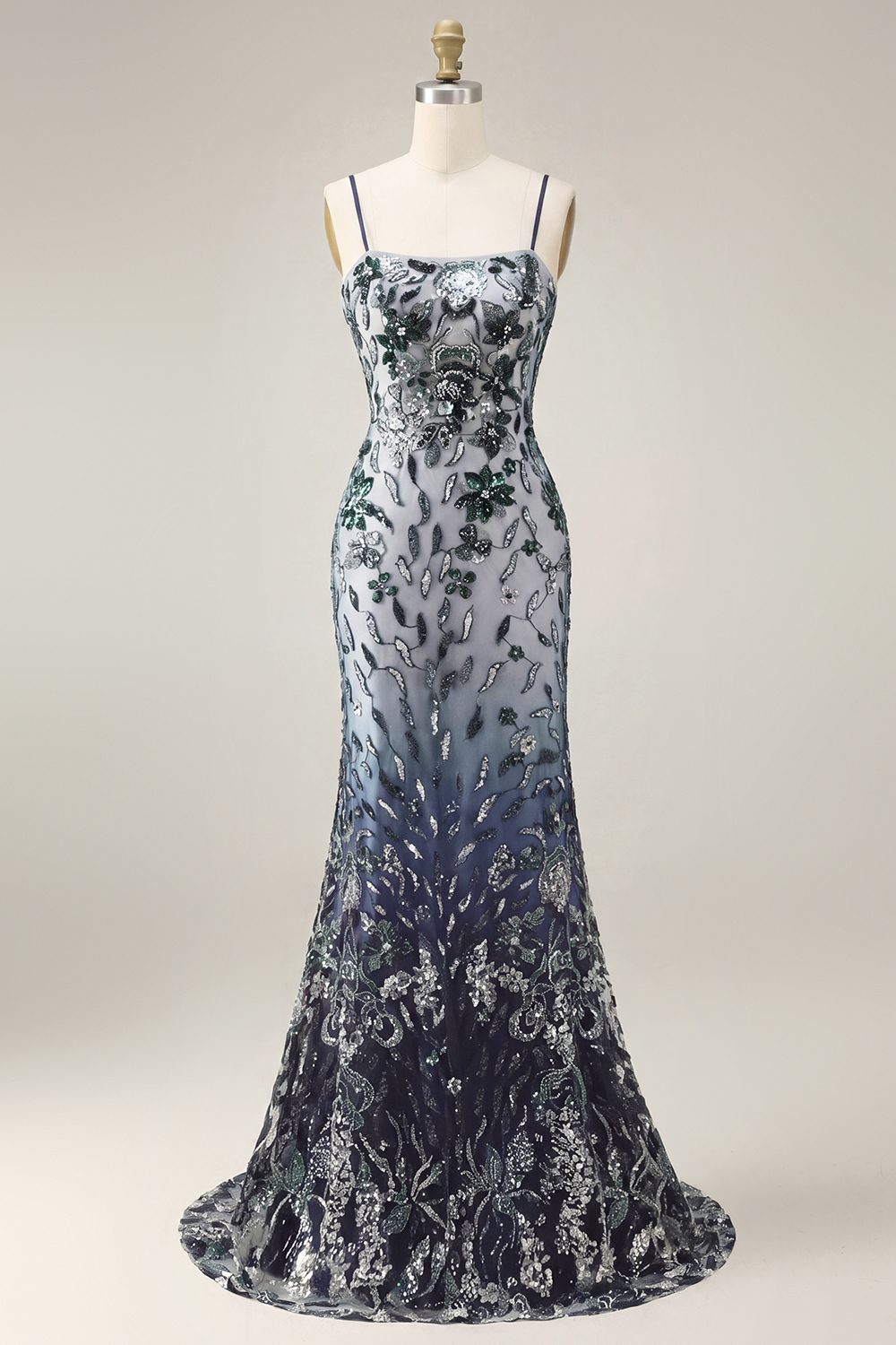 Sparkly Navy Spaghetti Straps Floral Long Evening Dress with Shawl