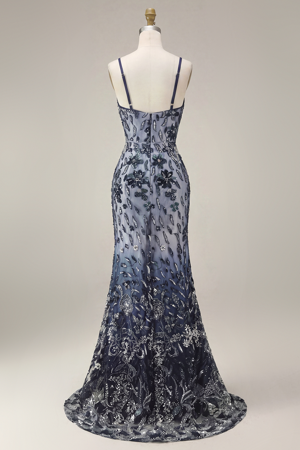 Sparkly Navy Spaghetti Straps Floral Long Evening Dress with Shawl