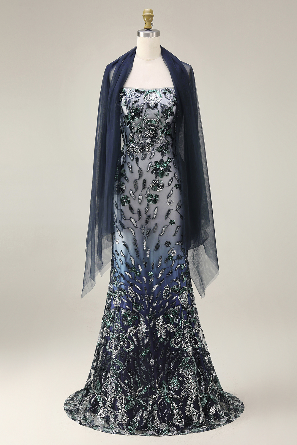 Sparkly Navy Spaghetti Straps Floral Long Evening Dress with Shawl
