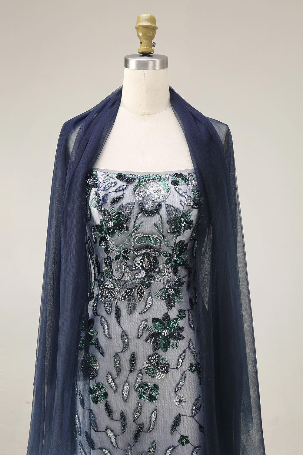 Sparkly Navy Spaghetti Straps Floral Long Evening Dress with Shawl