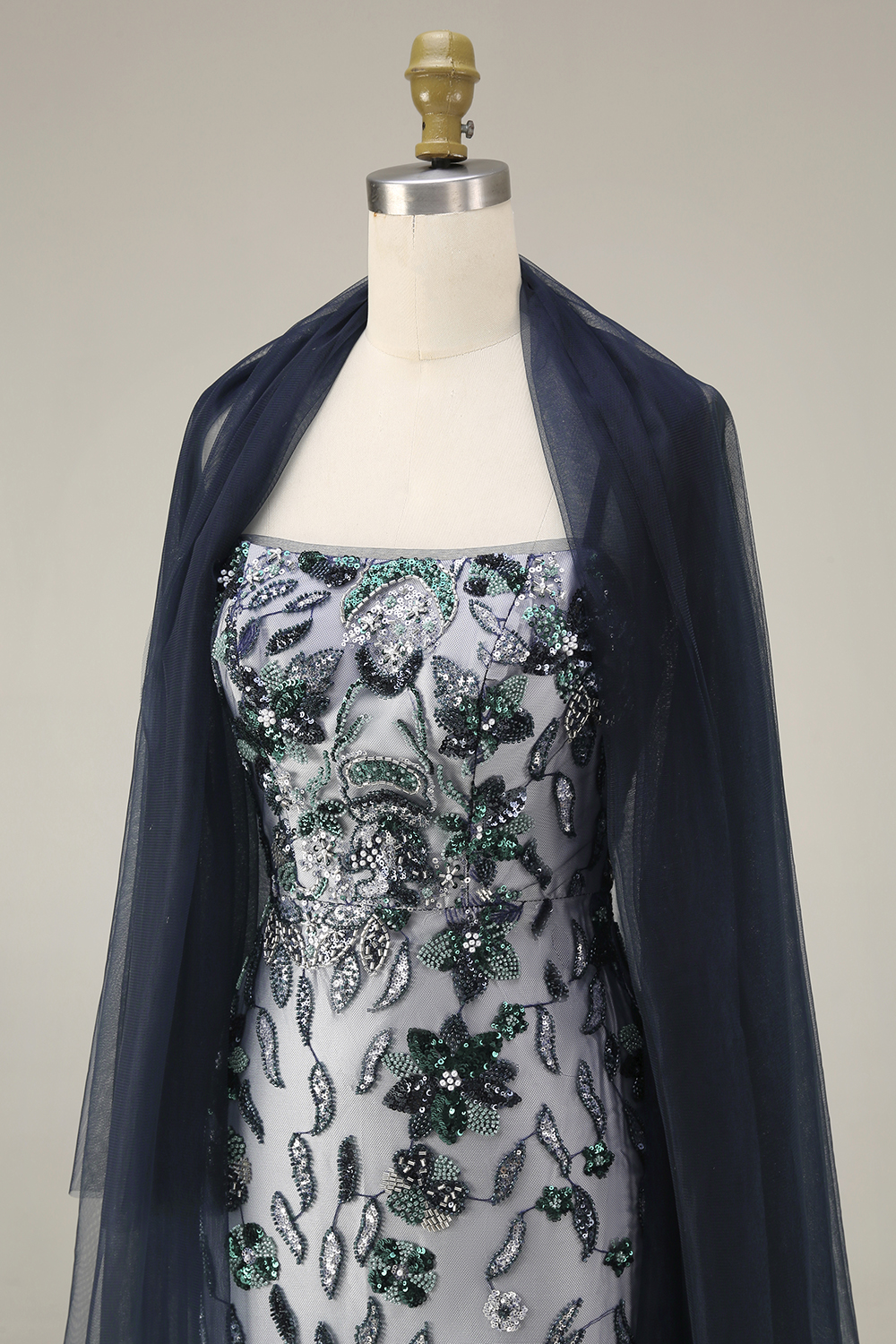 Sparkly Navy Spaghetti Straps Floral Long Evening Dress with Shawl