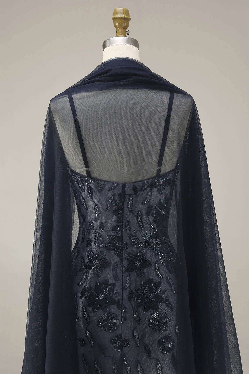 Sparkly Navy Spaghetti Straps Floral Long Evening Dress with Shawl