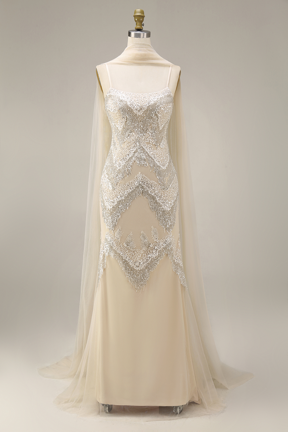 Sparkly Apricot Spaghetti Straps Long Evening Dress with Shawl