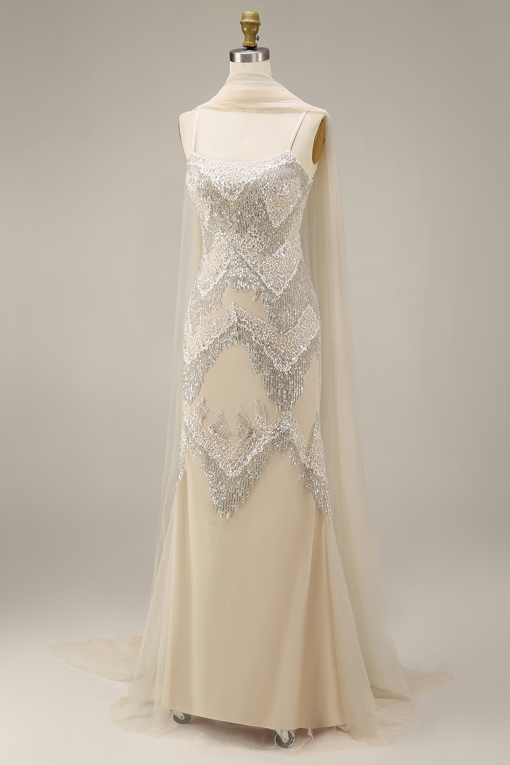 Sparkly Apricot Spaghetti Straps Long Evening Dress with Shawl