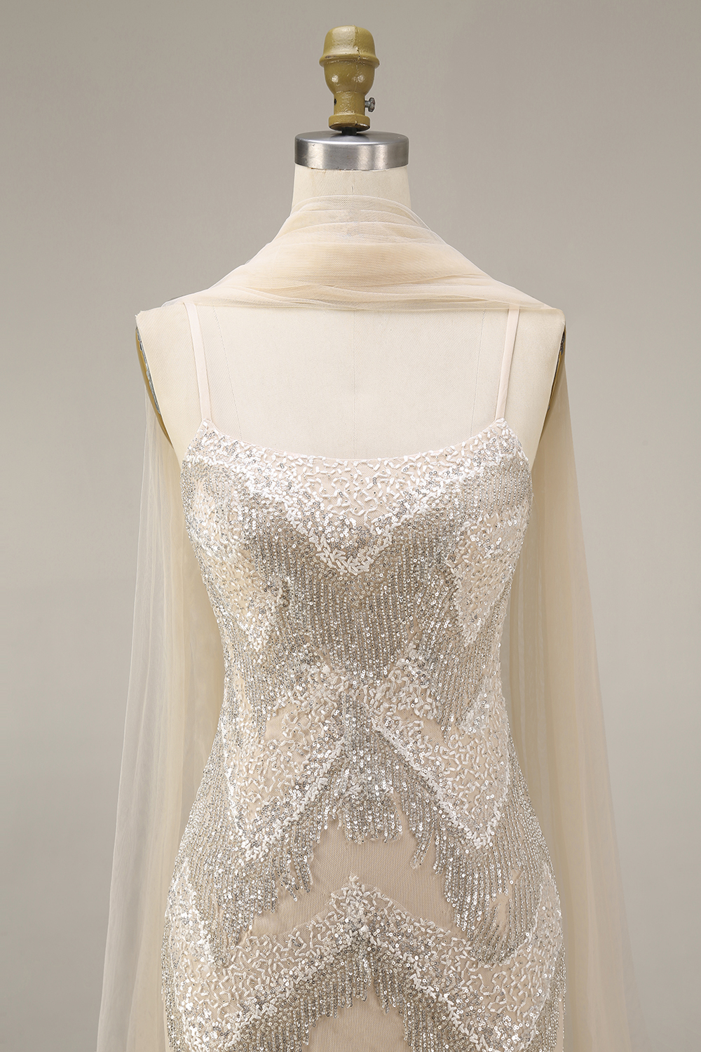 Sparkly Apricot Spaghetti Straps Long Evening Dress with Shawl