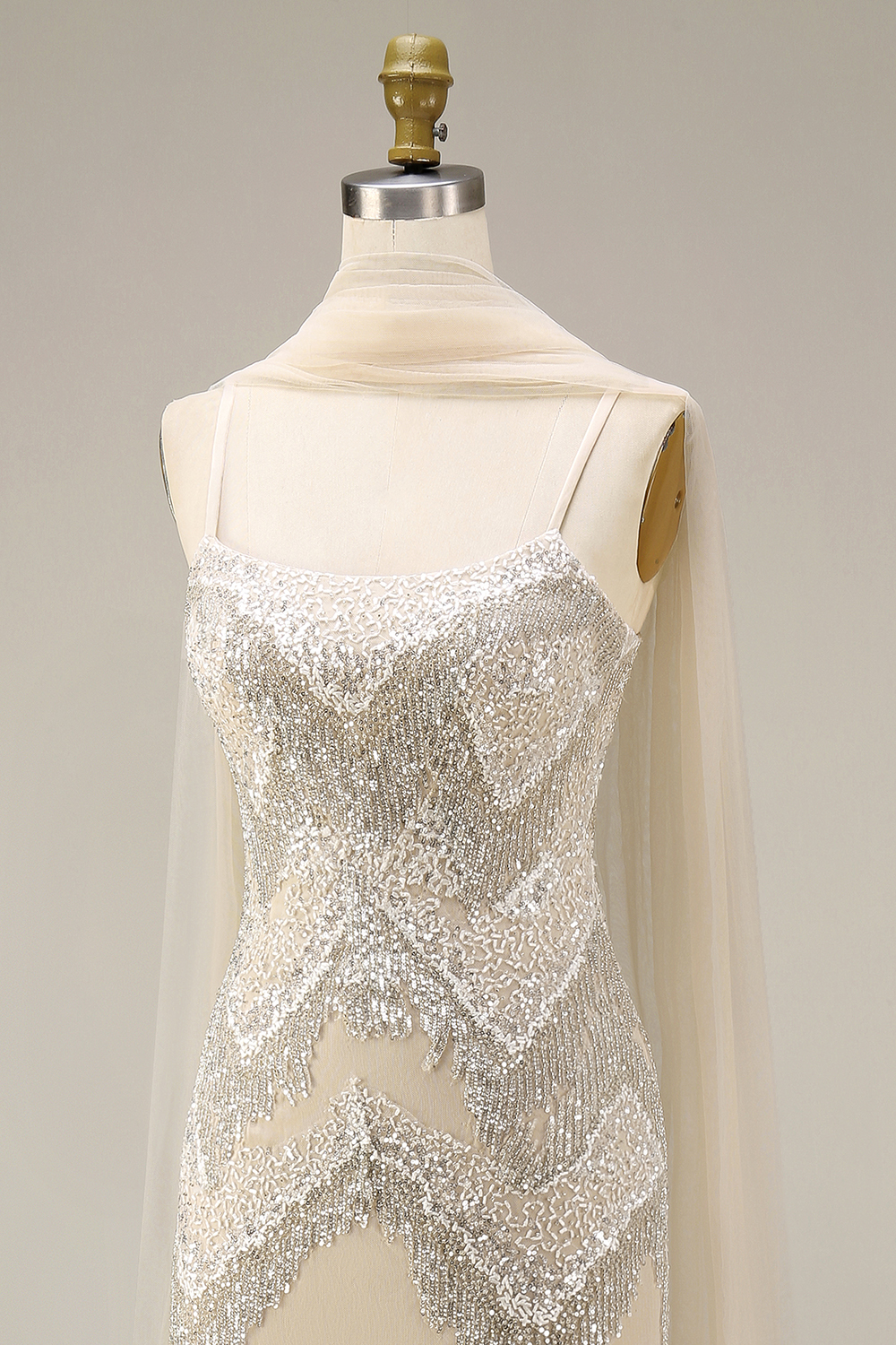 Sparkly Apricot Spaghetti Straps Long Evening Dress with Shawl