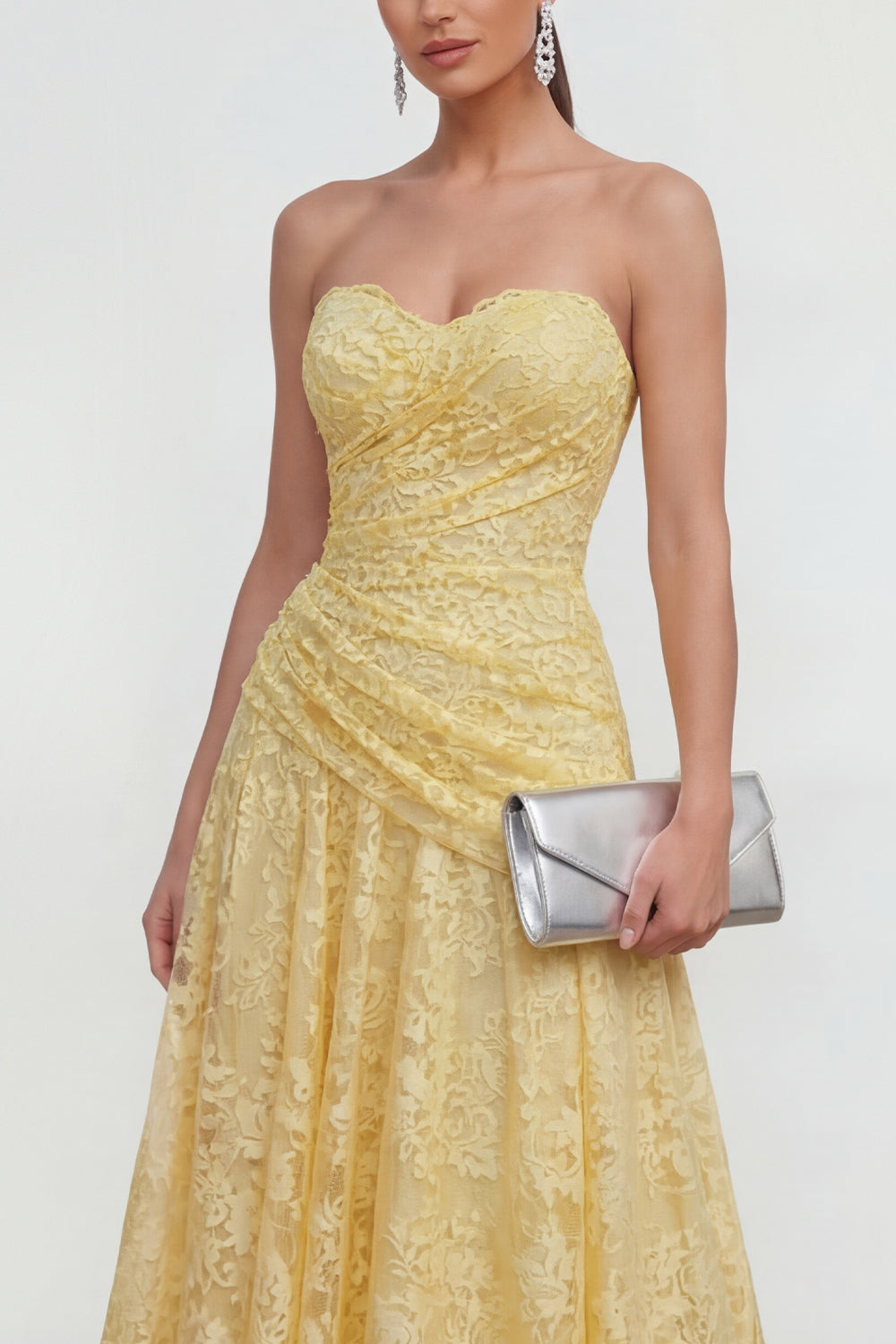 Butter Yellow A Line Sweetheart Lace Floral Maxi Wedding Guest Dress