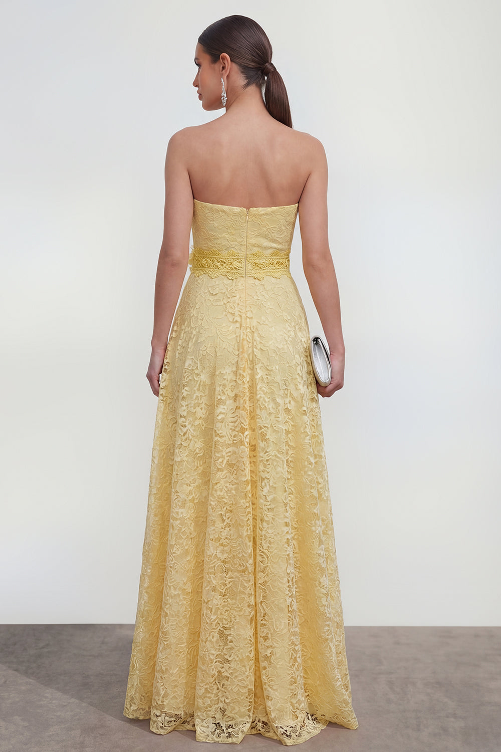 Butter Yellow A Line Ruffled Lace Long Wedding Guest Dress with 3D Flower