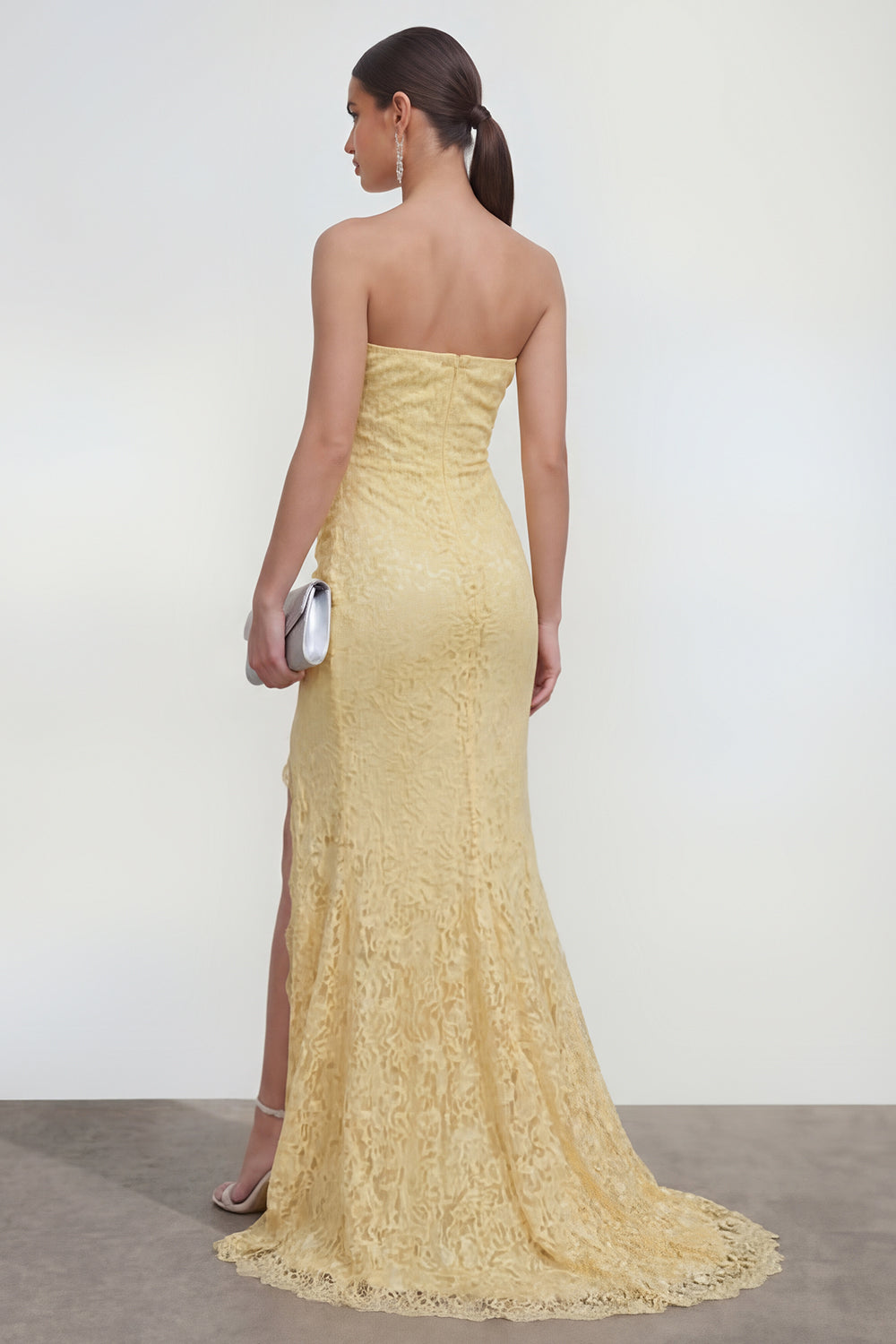 Butter Yellow Mermaid Lace Floral Maxi Wedding Guest Dress with Slit