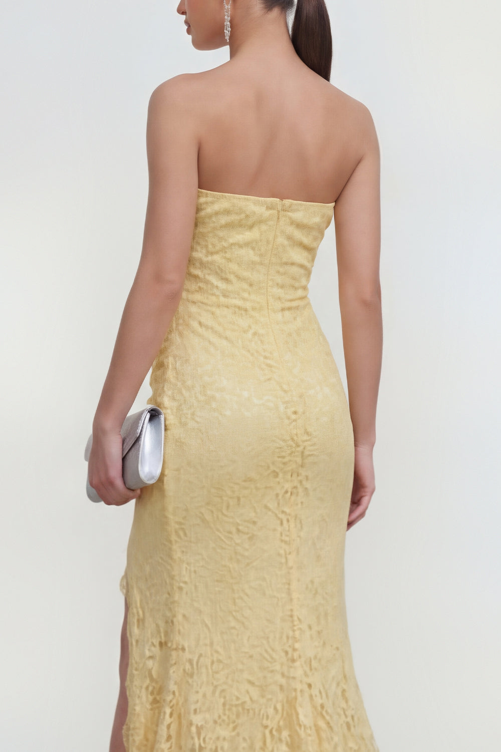 Butter Yellow Mermaid Lace Floral Maxi Wedding Guest Dress with Slit