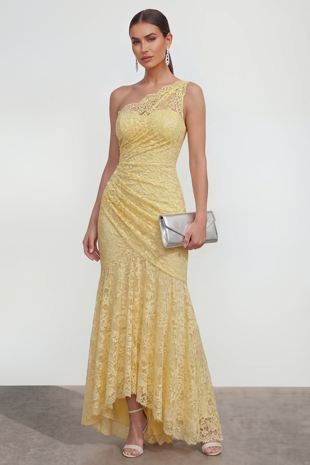 Butter Yellow Mermaid Lace Floral Asymmetrical Wedding Guest Dress