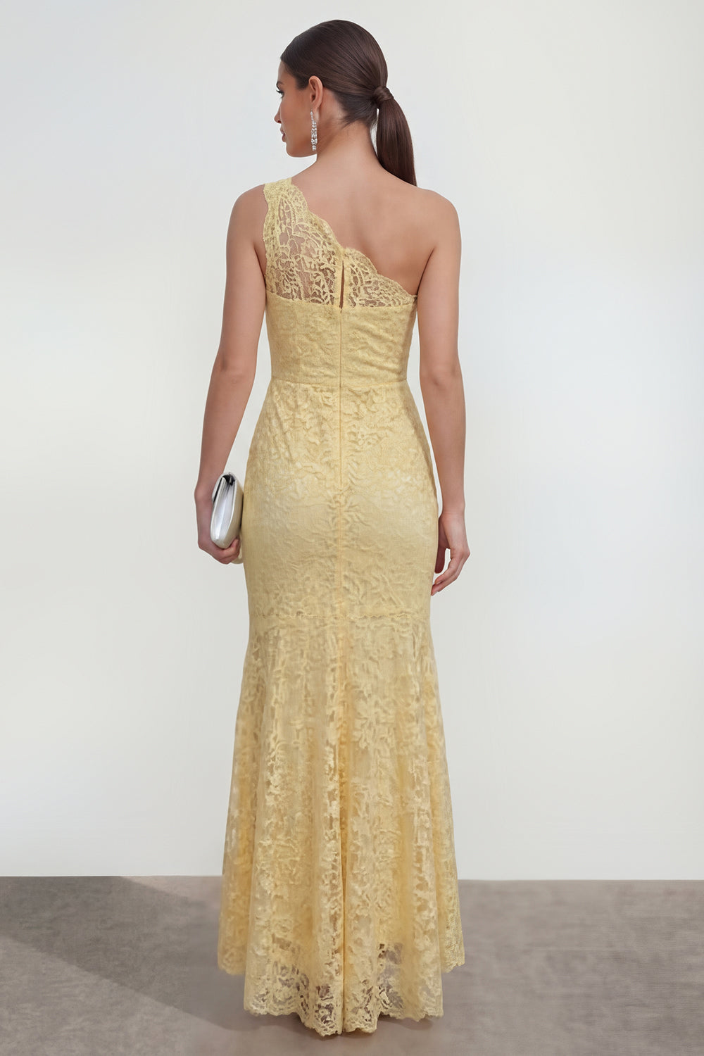 Butter Yellow Mermaid Lace Floral Asymmetrical Wedding Guest Dress