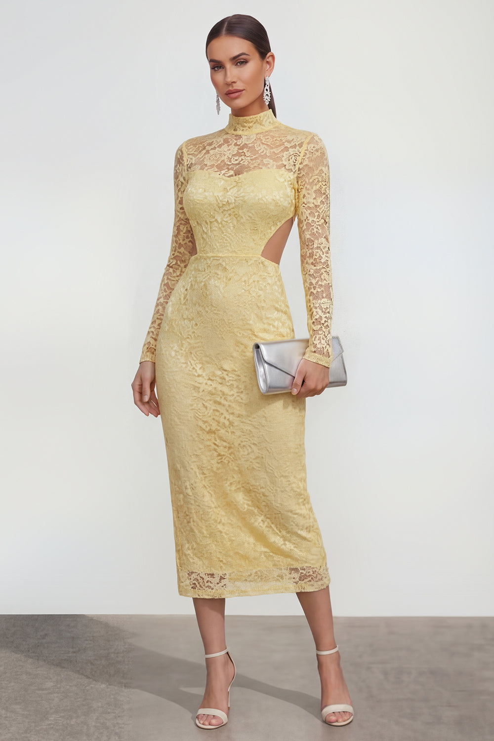 Butter Yellow Sheath Lace Floral Cut Out Midi Wedding Guest Dress with Back Slit