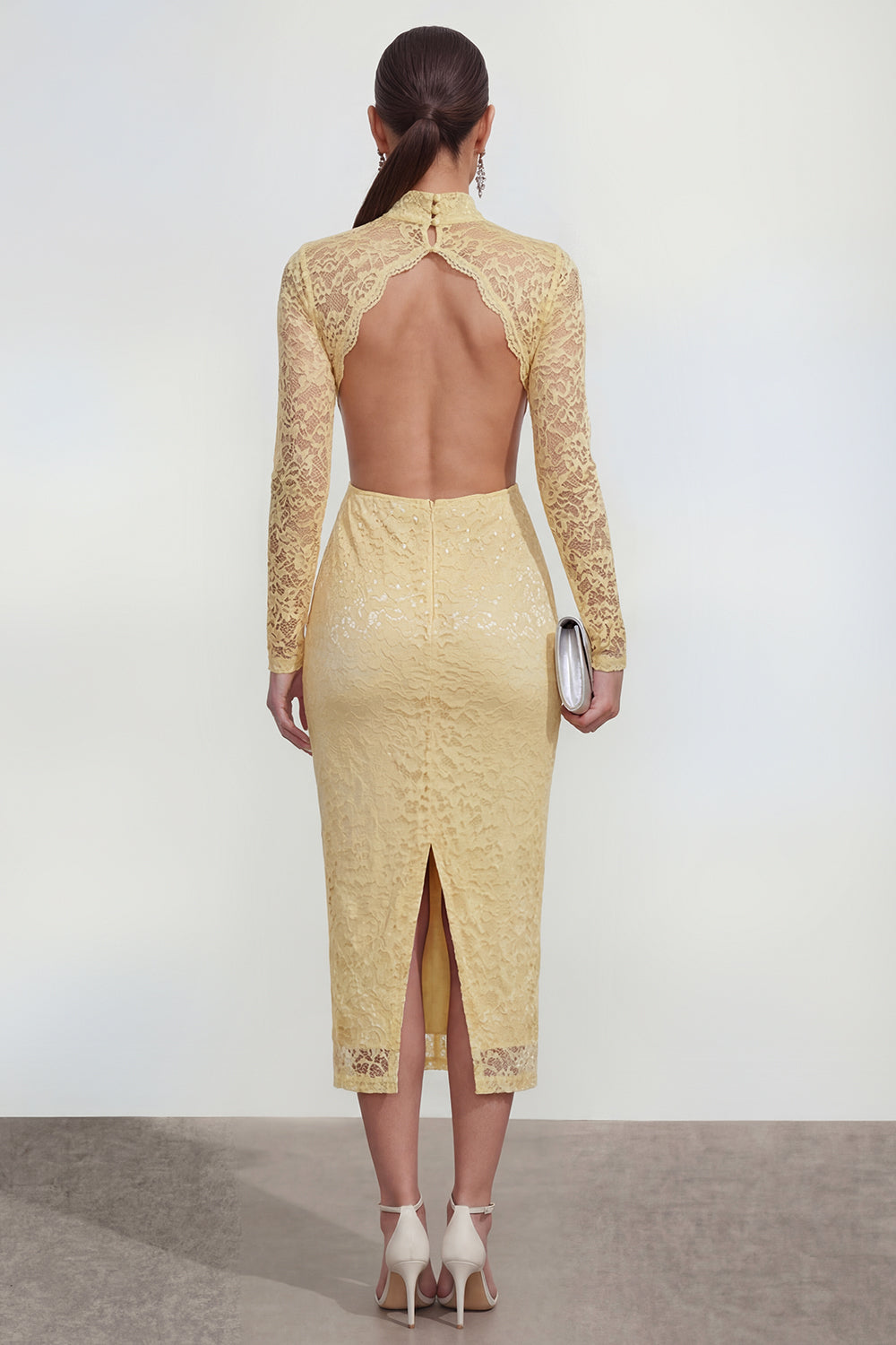 Butter Yellow Sheath Lace Floral Cut Out Midi Wedding Guest Dress with Back Slit