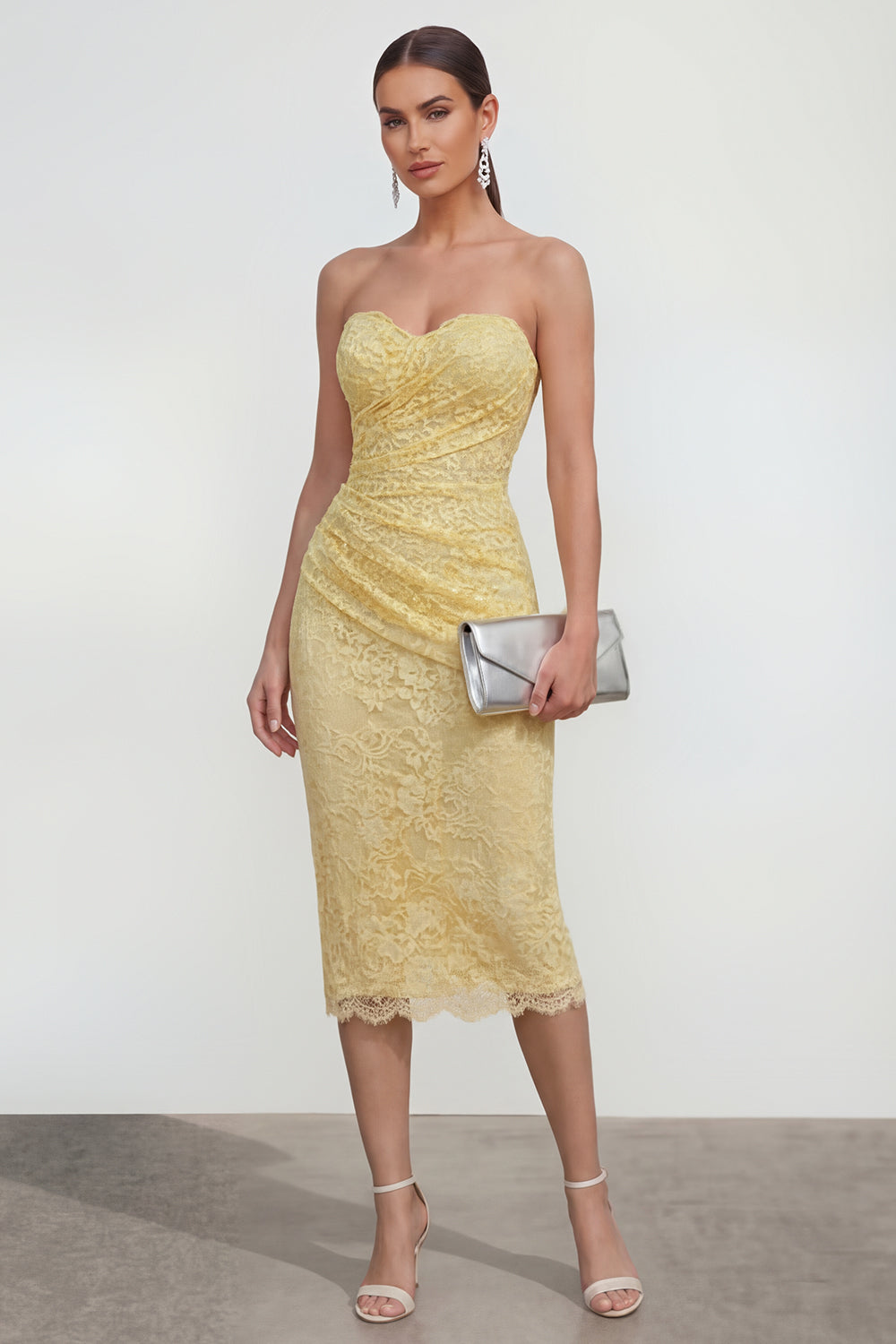 Butter Yellow Sweetheart Bodycon Midi Lace Wedding Guest Dress with Back Slit