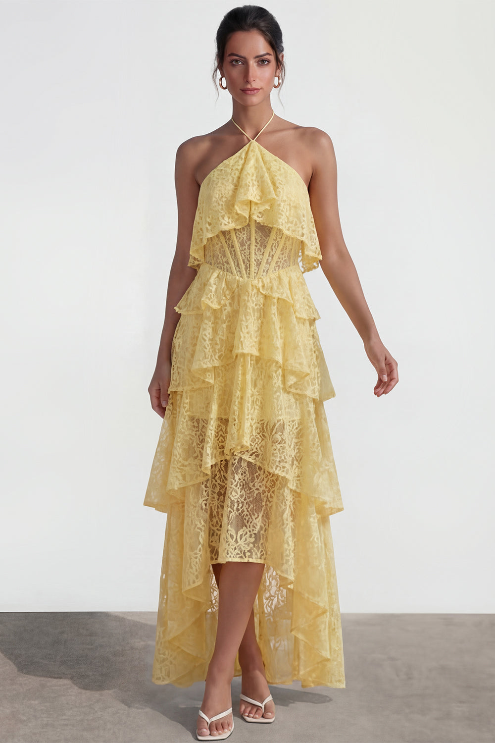 Yellow A Line Halter Corset Lace Ruffled High Low Wedding Guest Dress