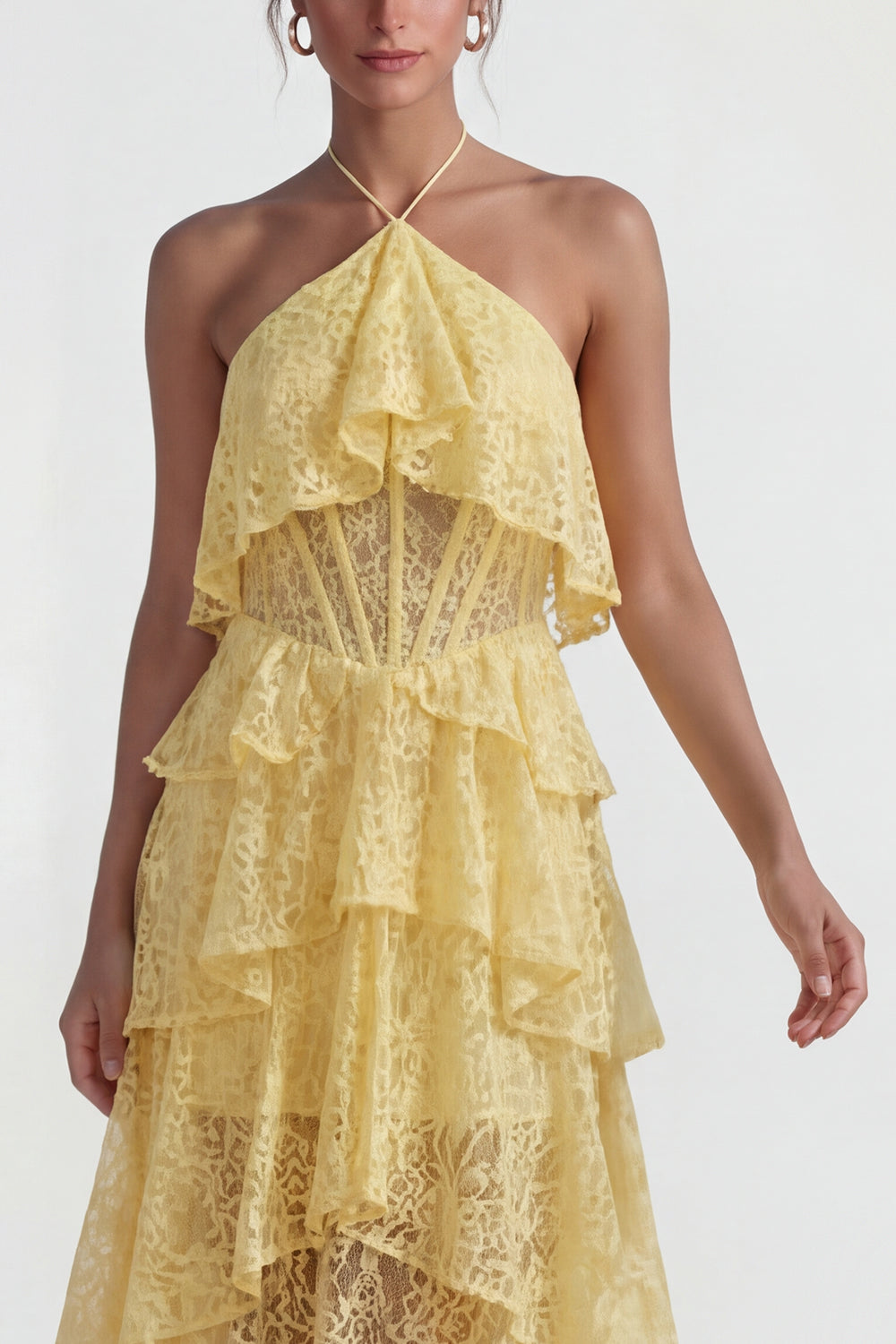 Yellow A Line Halter Corset Lace Ruffled High Low Wedding Guest Dress