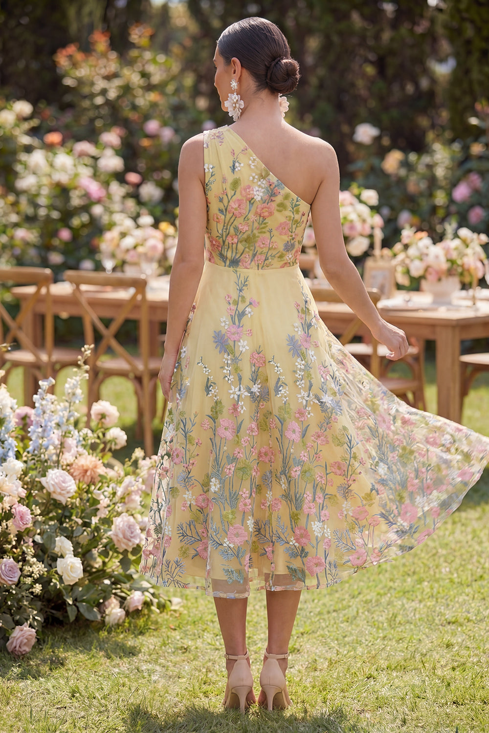 Butter Yellow A Line Floral One Shoulder Maxi Wedding Guest Dress