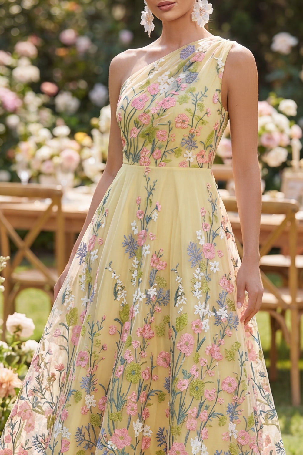 Butter Yellow A Line Floral One Shoulder Maxi Wedding Guest Dress