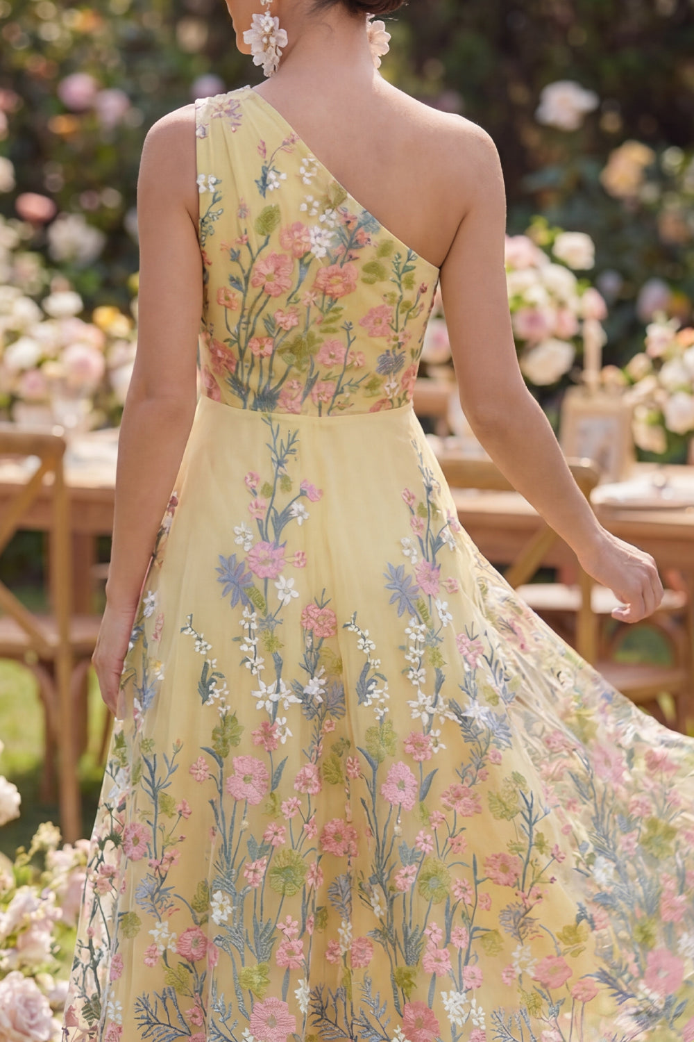 Butter Yellow A Line Floral One Shoulder Maxi Wedding Guest Dress