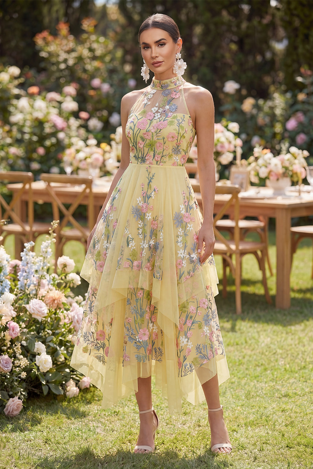 Floral Butter Yellow High Neck A Line Open Back Maxi Wedding Guest Dress