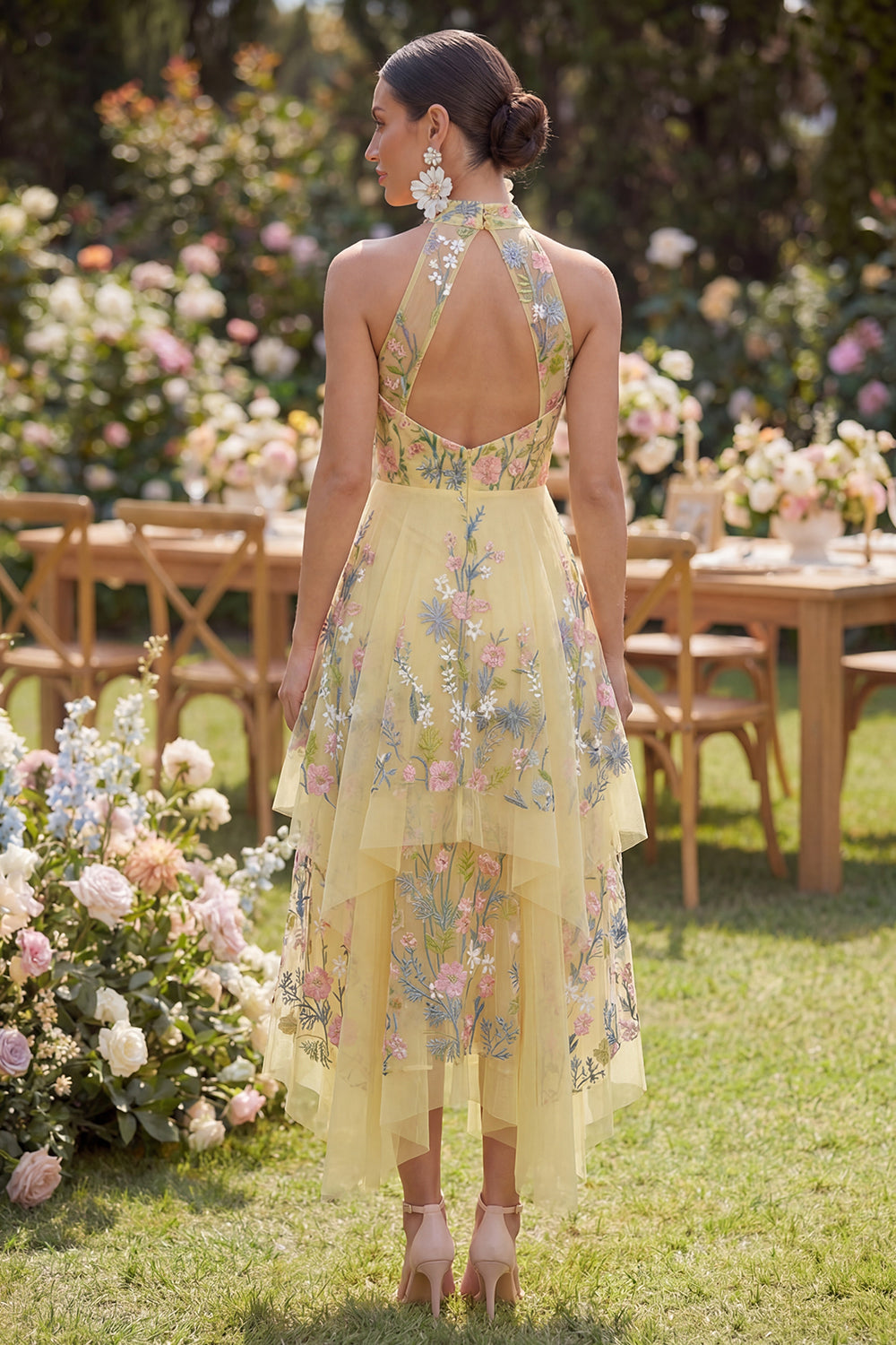 Floral Butter Yellow High Neck A Line Open Back Maxi Wedding Guest Dress
