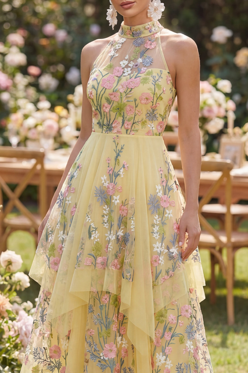Floral Butter Yellow High Neck A Line Open Back Maxi Wedding Guest Dress