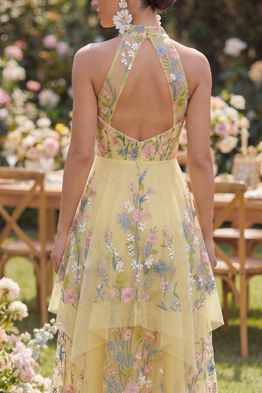 Floral Butter Yellow High Neck A Line Open Back Maxi Wedding Guest Dress