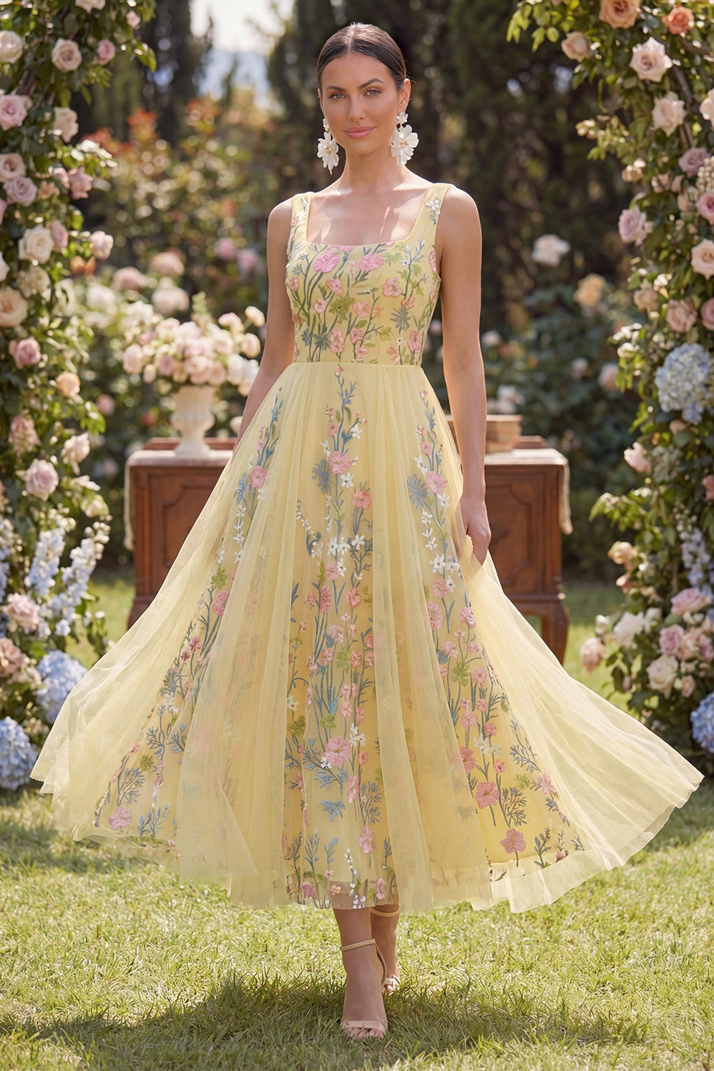 Floral Butter Yellow Tulle A Line Square Neck Maxi Wedding Guest Dress