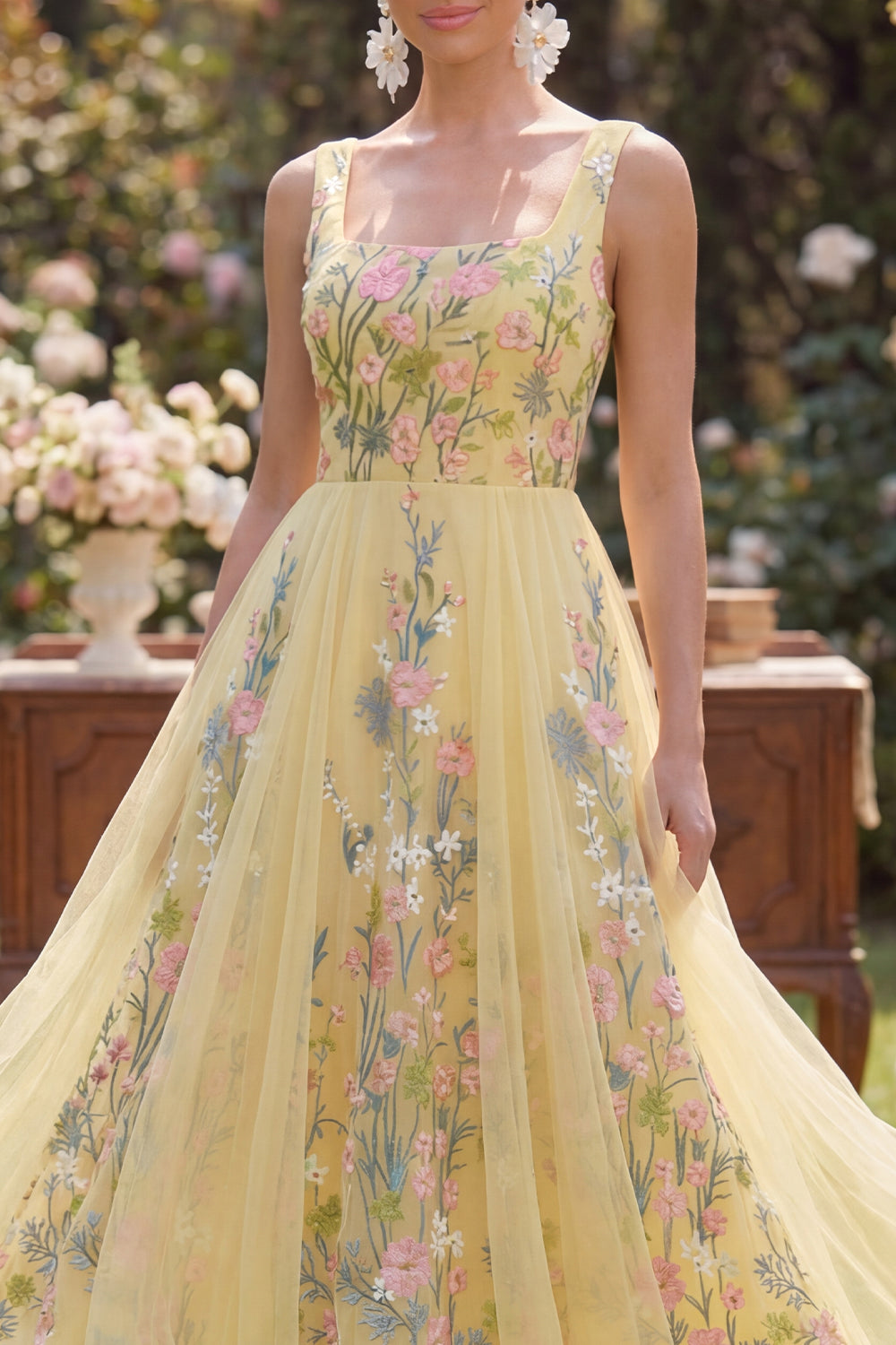 Floral Butter Yellow Tulle A Line Square Neck Maxi Wedding Guest Dress