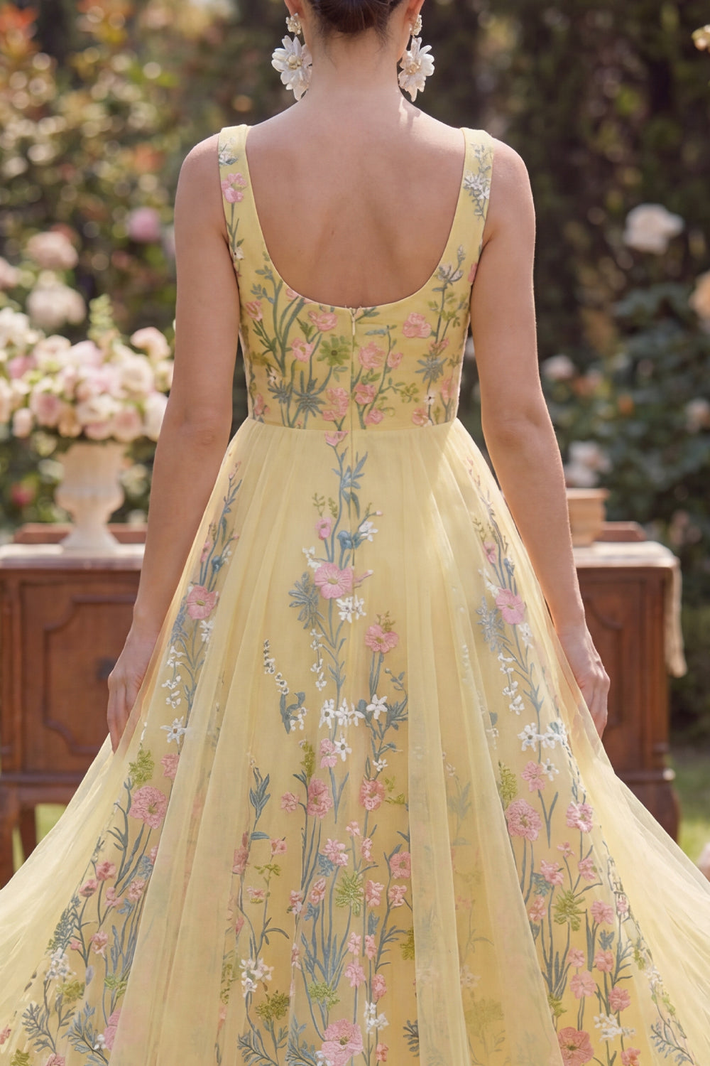 Floral Butter Yellow Tulle A Line Square Neck Maxi Wedding Guest Dress