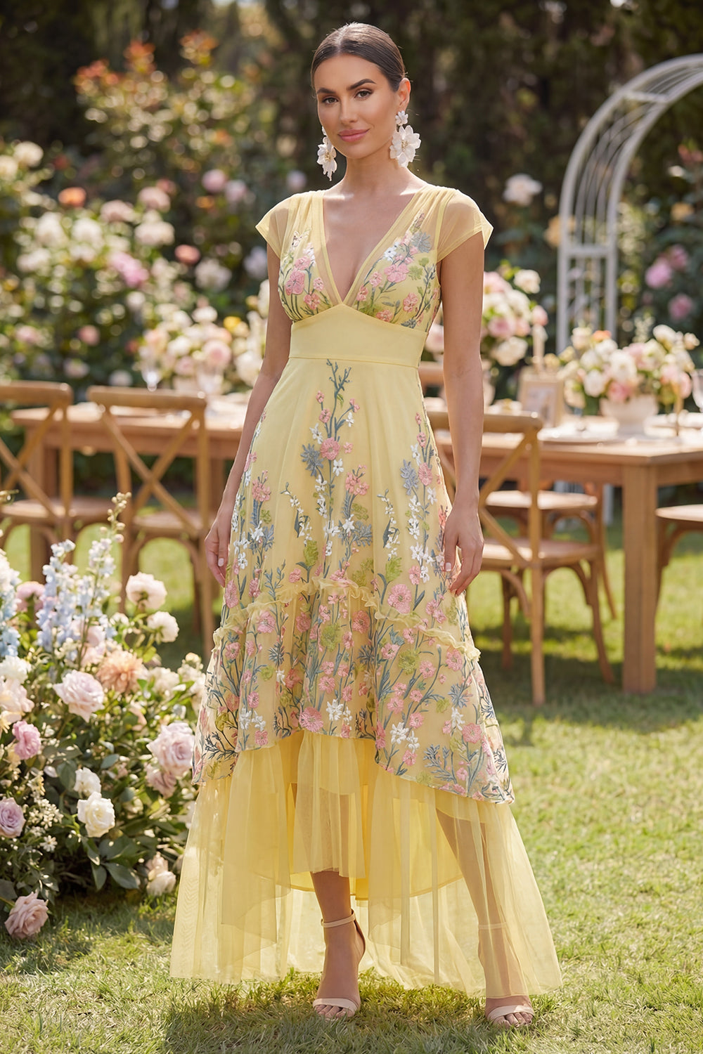 Butter Yellow A Line Cap Sleeves Floral High Low Wedding Guest Dress with Ruffles