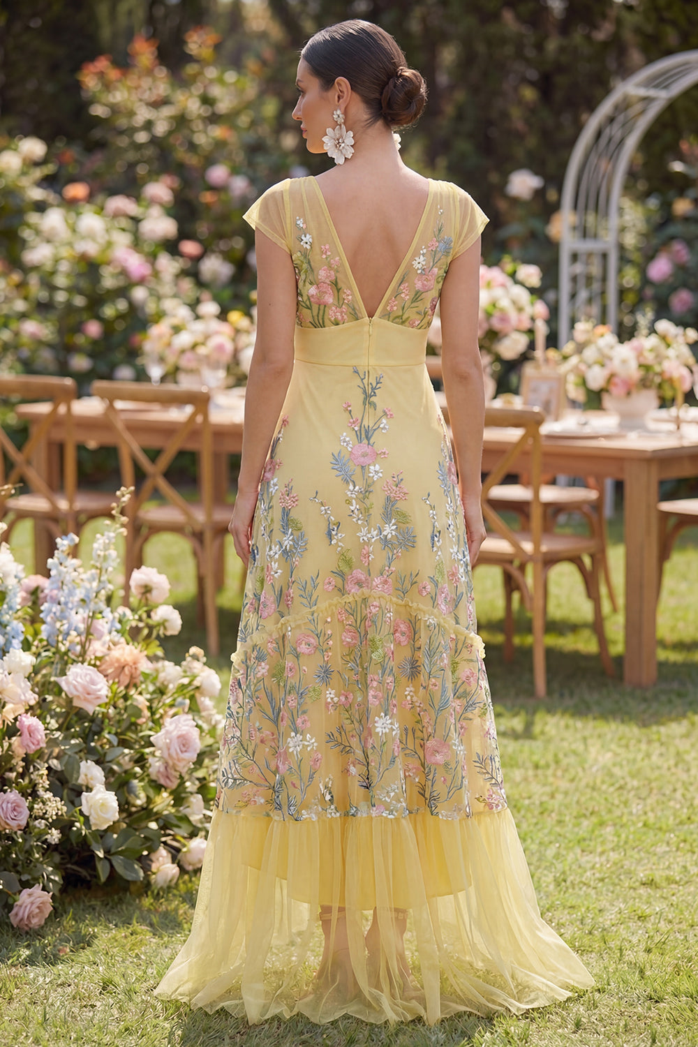 Butter Yellow A Line Cap Sleeves Floral High Low Wedding Guest Dress with Ruffles