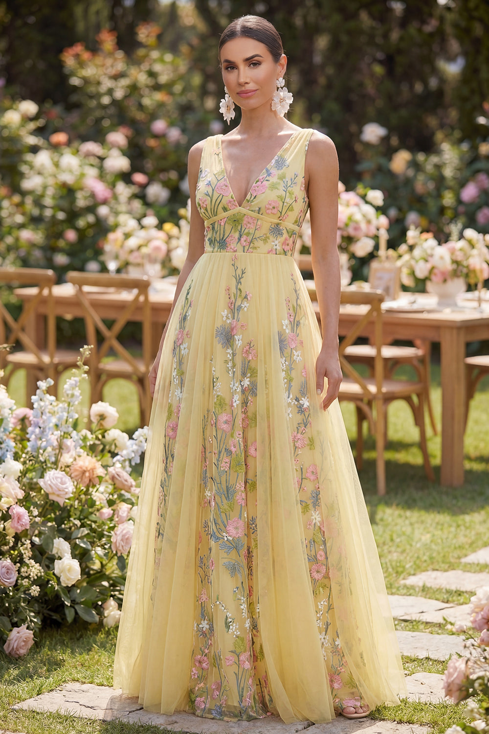 Dresstells Women Butter Yellow Floral Long Wedding Guest Dress Tulle A Line V-Neck Sleeveless Formal Dress