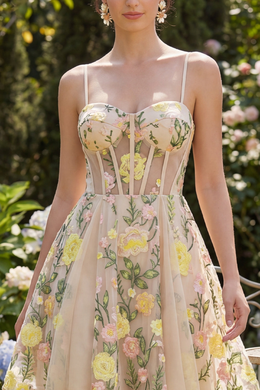Champagne Spaghetti Straps Floral Corset A Line Mini Wedding Guest Dress